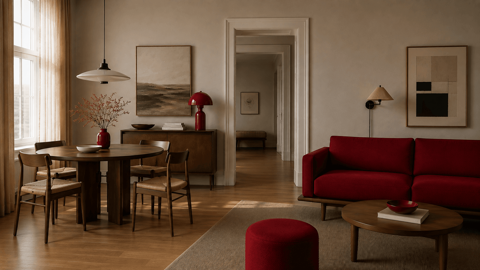 Apartment interior in Christianshavn with a dining table, sideboard and red sofa